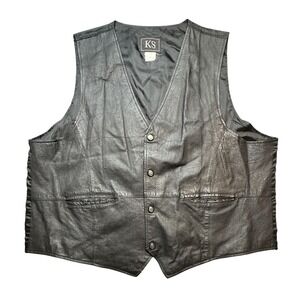 KS Leather Vest Mens 3XL Black Western Snap Button Lined Motorcycle Biker